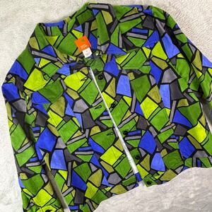 Hearts of Palm Bold Abstract Geometric Button Jacket Green Blue Cotton Sz‎ 18